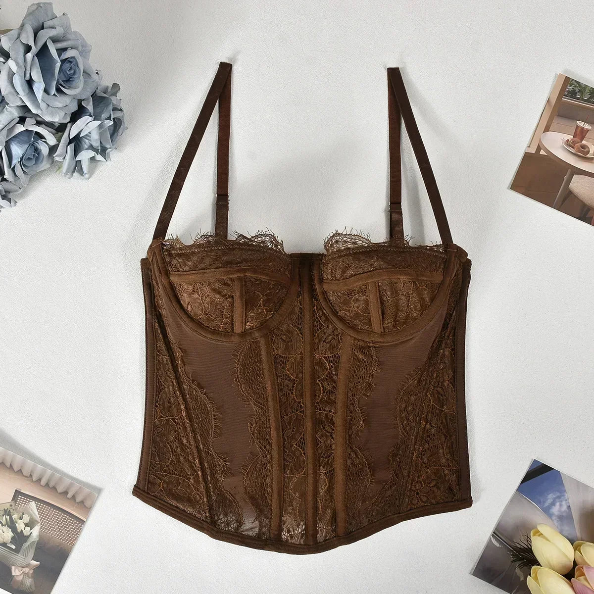 Sexy Lace Mesh Spaghetti Strap Open Back Boned Corset Women Summer Slim Lingerie Bodyshaper Bustier Camisole Halter Vest