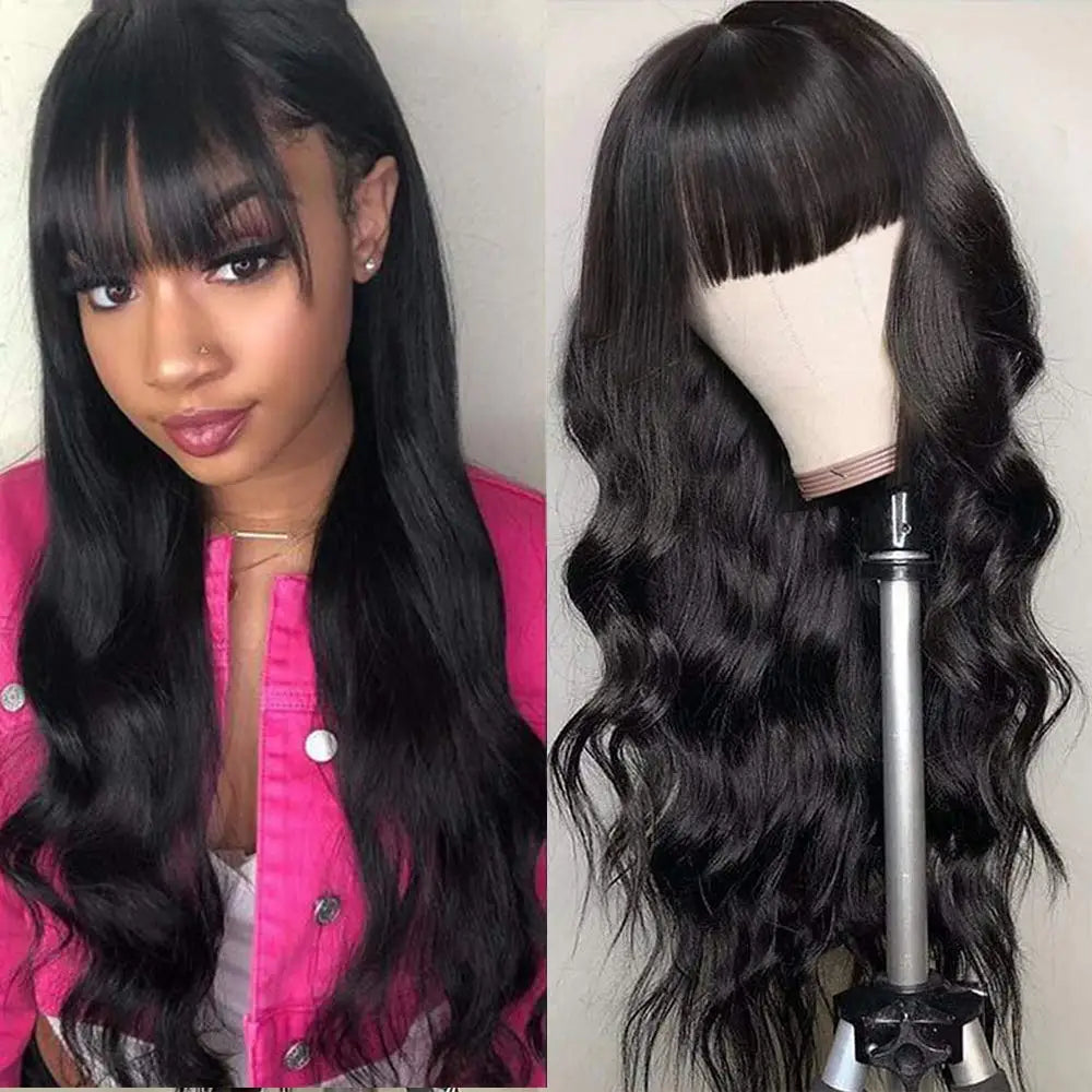 30 inch Body Wave Human Hair Wigs with Bangs Full Machine Made Scalp Top Wig 180% Density Brazilian Remy Hair Fringe Bangs Wig