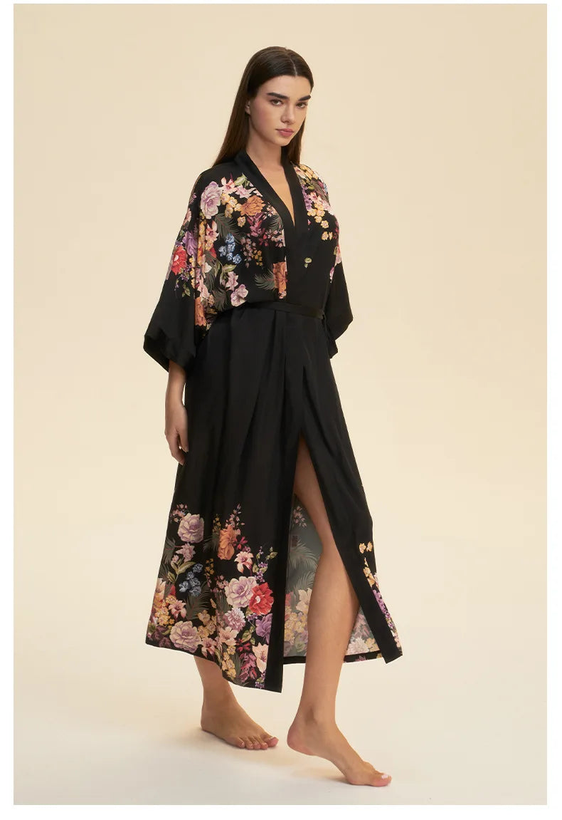 Plus Size Print Flower Long Robe Kimono Gown New Female Sleepwear Bathrobe Home Dress Loose Silky Satin Night Clothes Loungewear