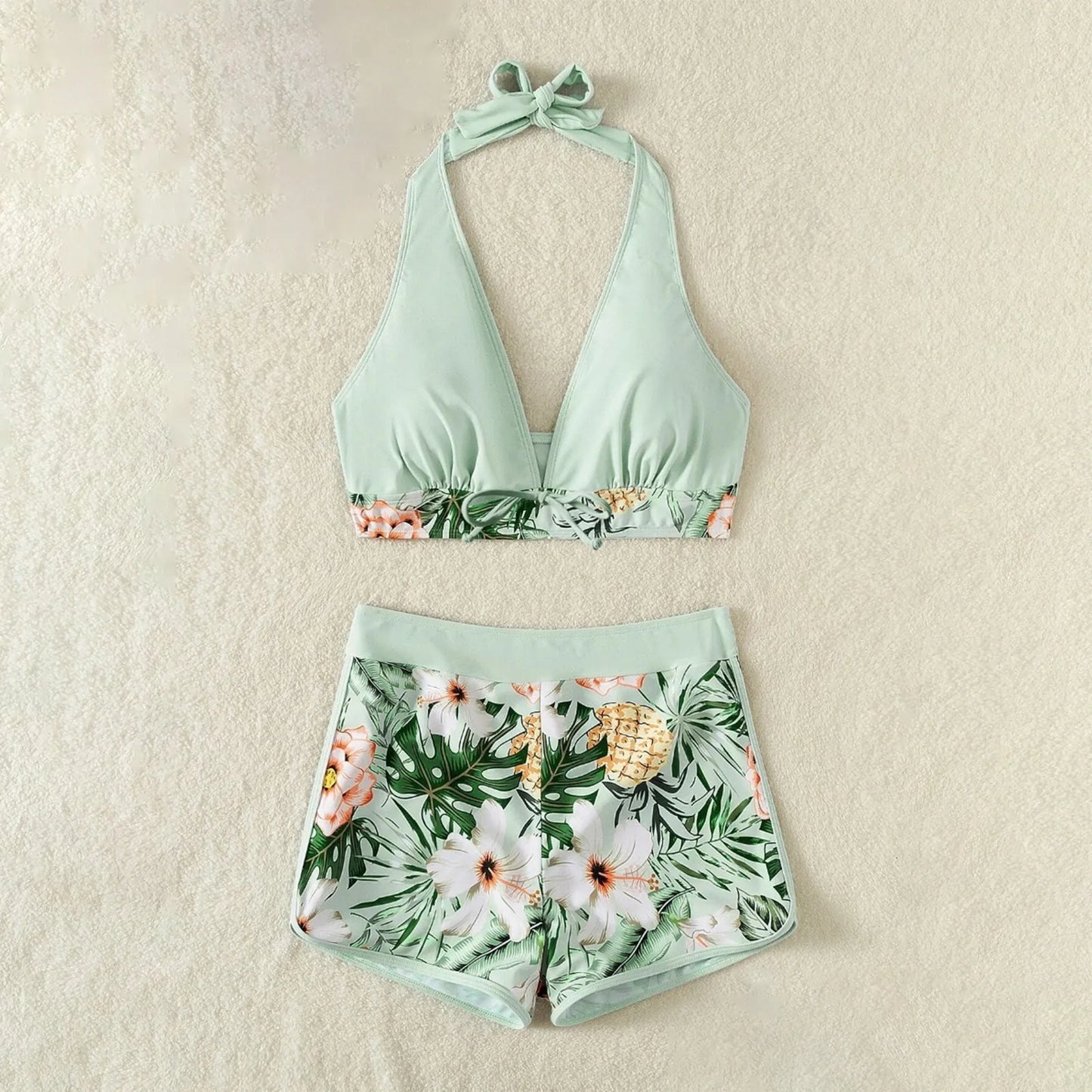 Shorts Bikinis Set  High Waist Swimsuit Women Swimwear  Plant Print Bathers Bathing Swim Suit Beachwear