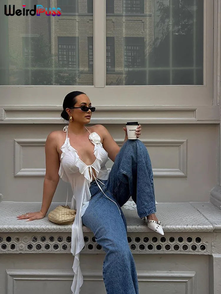 Weird Puss Blossoms Tank Tops Women Ruffles Y2K Summer Trend Sexy V-Neck Irregular Tassel Halter Backless Wild Street Camisole