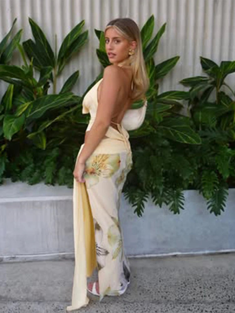 Weird Puss Elegant Women 3 Piece Set Stack Trend Halter Tops+Split Tassel Tassel+Flowers Mesh Skirts Matching Vacation Clubwear