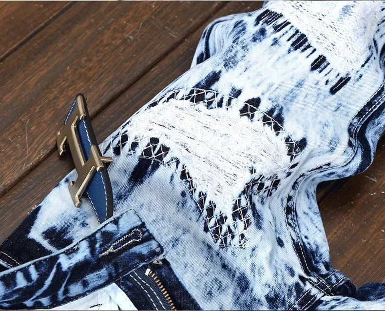Denim Embroidered Patchwork Ripped Jeans (without Belt) Slim Fashion High Street Motorcycle Denim Pants Male Designer Clothes, men's jeans