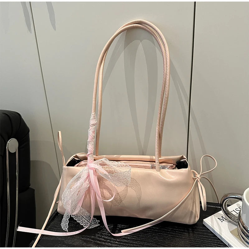 Korean Bow Ribbon Handbag Fashion Lace Square Shoulder Bag French Elegant Baguette Bag Leisure Large Capacity Tote Underarm Bag
