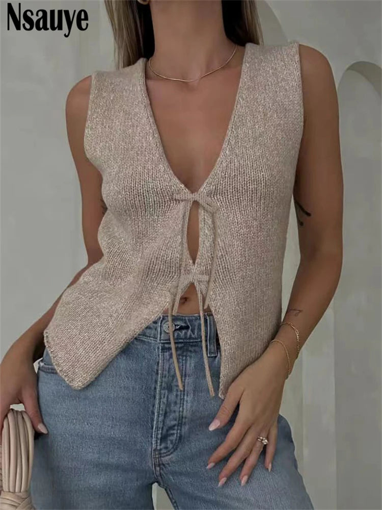Nsauye 2024 Fashion Summer Y2K Crop Tops Women Knitted Sleeveless Cardigans Tops Outer Wear Sexy Club Lace Up Vest Tank Tops