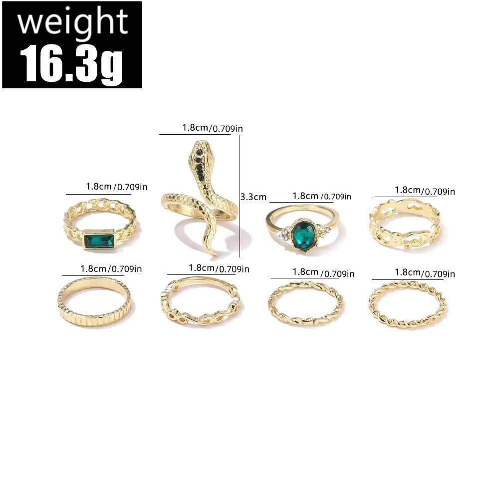 8PCSSet Of Fashionable And Retro Imitation Gemstone Snake-Shaped Twisted Rings For Women, Retro Wave Geometric Inlaid Rhinestone