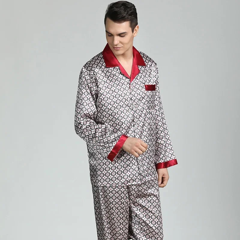 Silk Satin Pajamas for Men Sleepwear Cozy Soft Print Long Sleeve Nightgown Tops + Trousers Two Pieces Mens Pajama Set