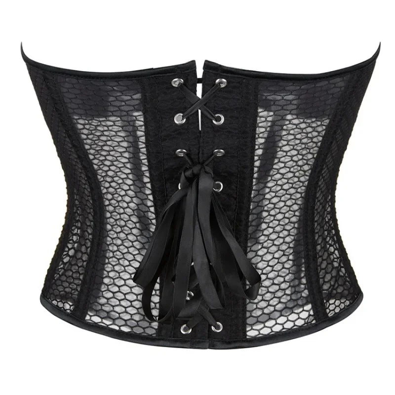 Women Lace Up Sexy Transparent Mesh Boned Corset Overbust Bustier Lingerie Bodyshaper Top Corsets Top