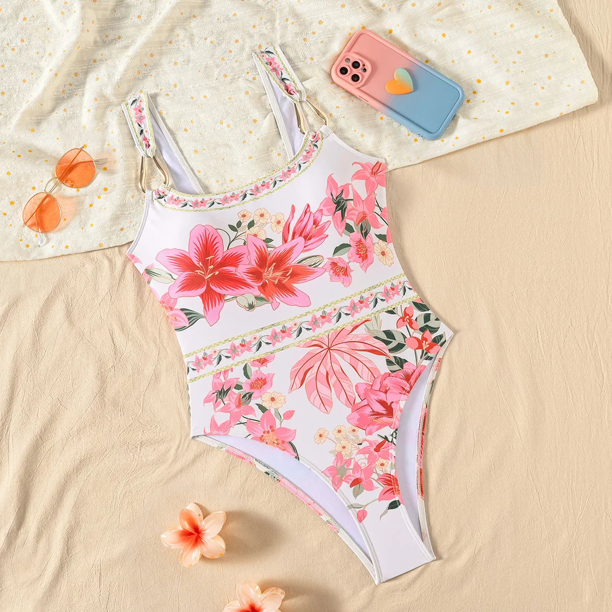 Pink Floral Print One-Piece Swimsuit Bikini Strap Sexy Beach Vacation Conservative Pure Desire Women's Casual Swimwear