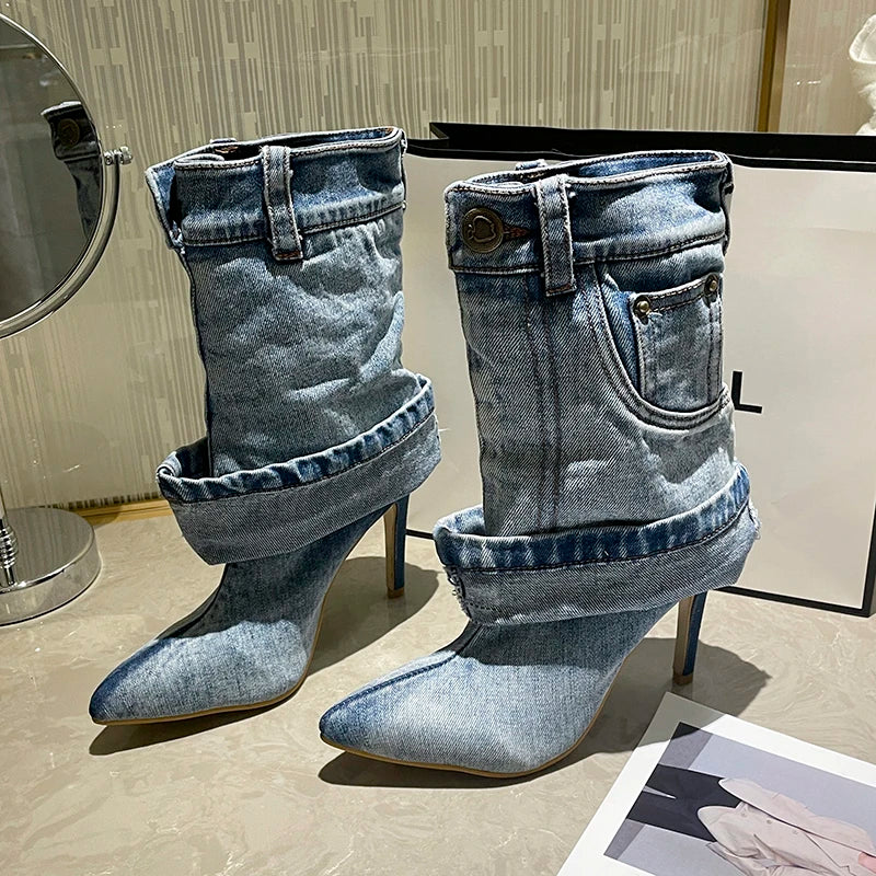 2023 Women's Autumn/Winter Denim Fine High Heel Skirt Boots Fashion Pointed Large Women's Four Seasons Short Boots