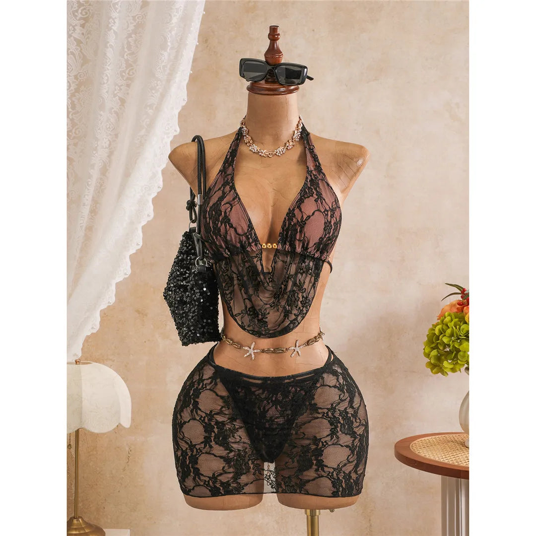 With Skirt Lace Halter Bikini Female Swimsuit Women Swimwear Bather Bathing Suit Swim Three-pieces Bikini Set High Cut Leg K8418