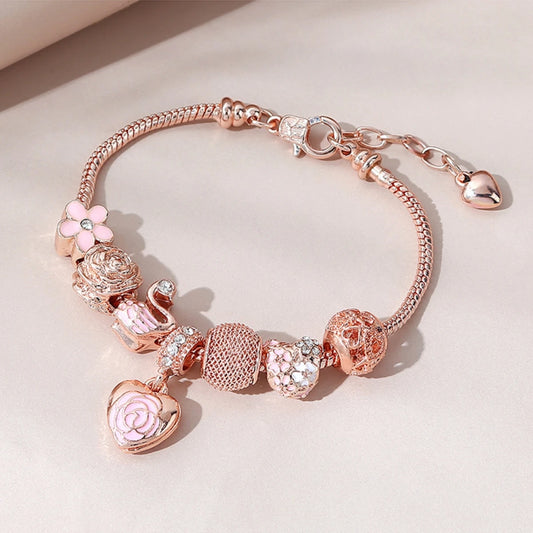 1PC Fashion Multi Element Accessories Drip Oil Rose Love Little Swan Pan Family Bracelet Jewelry Daily Party Gift -7633