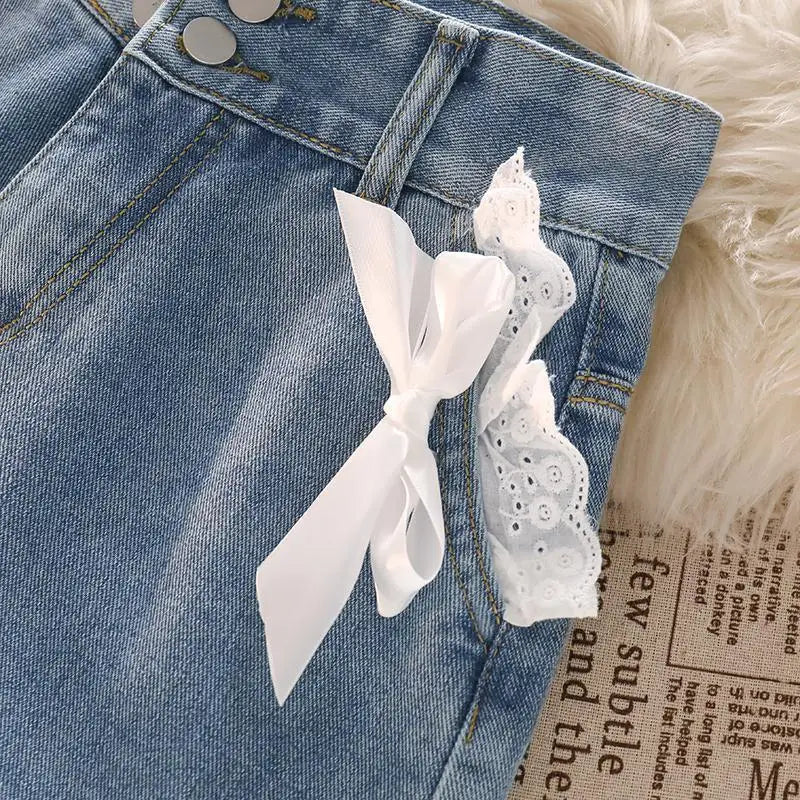 Japanese Preppy Style Bow Lace Patchwork Y2k Shorts Women Summer Straight Hotsweet High Waist jeans Short Pants Ruched