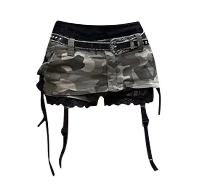 Summer Gothic Vintage Lace Up Slim Camouflage Lolita Shorts Skirts Women Kawaii Aesthetic Y2k A-line Package Hip Short Skirt