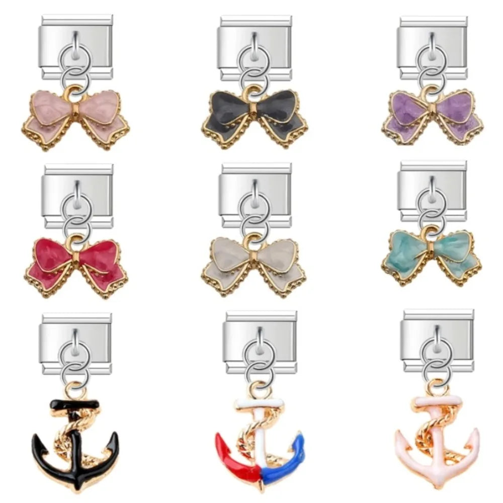 2025 NEW Popular Bow Anchor Pendant Elastic Charm Italian Links Fit 9mm Modular Bracelet Making DIY Jewelry Bulk