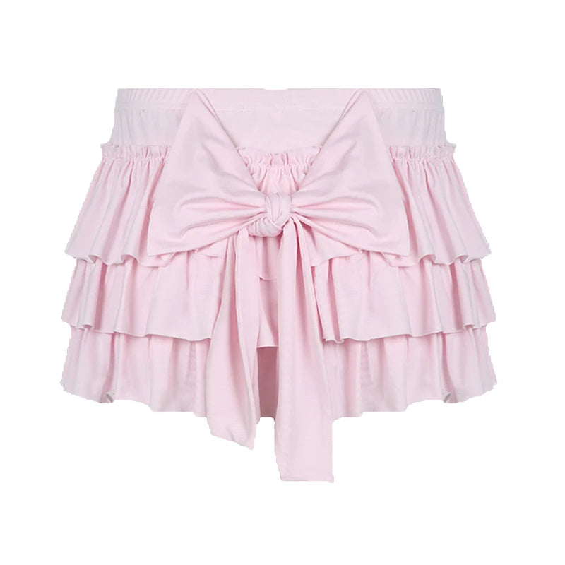 Rockmore Bow Sweet A-Line Skirts Women Sexy Slim Low-Waist Mini Skirts Y2K Female Summer Streetwear Pink Pleated Skirts Coqutte