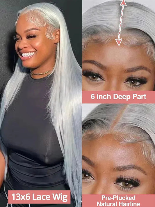 Silver Grey Straight Lace Front Human Hair Wig 40 Inches Colored HD Transparent 13x6 Lace Frontal Wig for Women Preplucked 250%