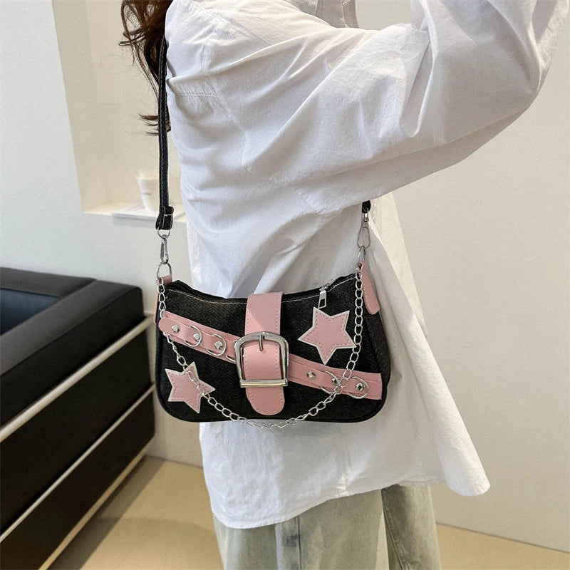 Fashion Women's Handbags Denim Stars Pattern Cool Girls Underarm Bag Female Small Shoulder Hobo Bags Chain Tote Bag
