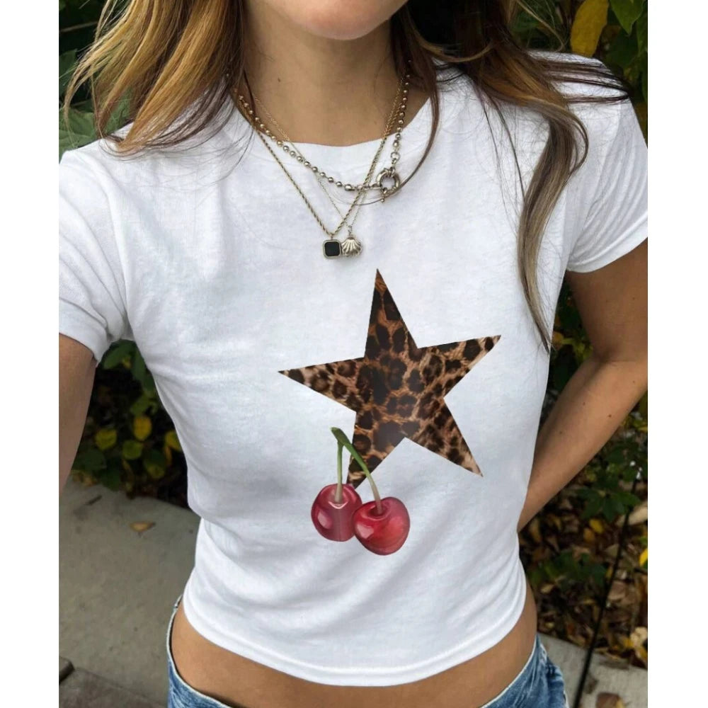 HLJ&GG Y2K Summer New Leopard Print Two Piece Ssets Women O Neck Short Sleeve Tshirts And Bow Shorts Outfits Fashion Streetwear