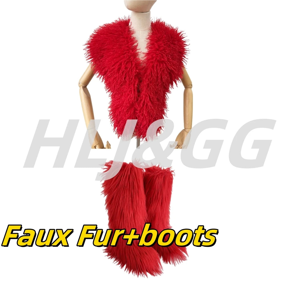 HLJ&GG Trend Y2K Two Piece Sets Women Fur Feather Halter Waistcoat Fashion Backless Lace Up Legs Cover Streetwear Clothing 2025