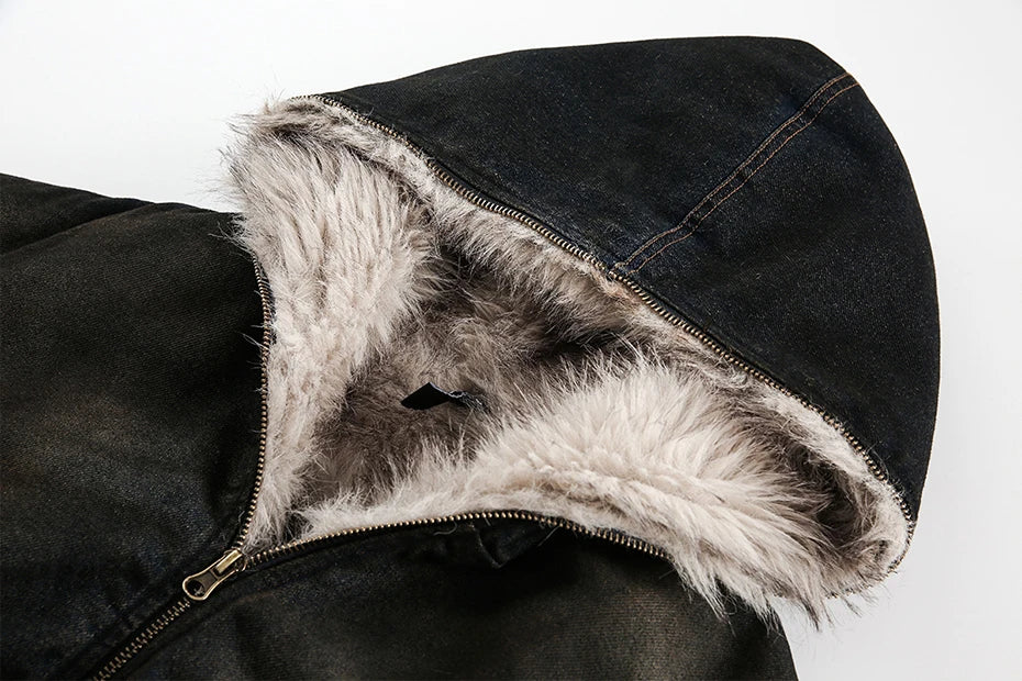 Vintage Denim Parkas Fur Warm Padded Jackets Men Streetwear Harajuku Oversized Bubble Coat Outwear