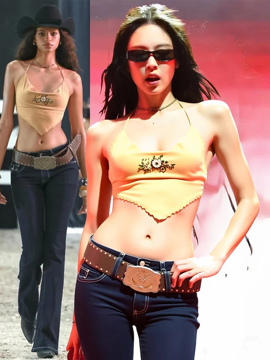 Weird Puss Flower Print Camisole Women Y2K Irregular Backless Halter Simple Classic Summer Sexy Wild Midnight Street Tank Tops