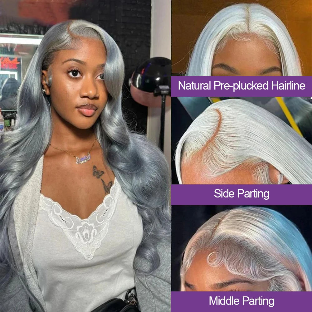 613 silver gray colored curl Wig 13x6 transparent Lace Front Body wave Wig 100% Brazilian Human Hair length lace Wig of Wowen