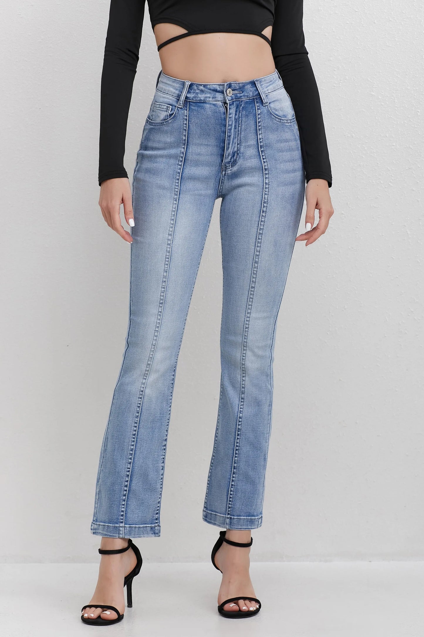 Women's High Waisted Light Blue Jeans with Panel Detail Flared Leg Fashionable Daily Wear Wide-leg jeans Stretch Straight Pants