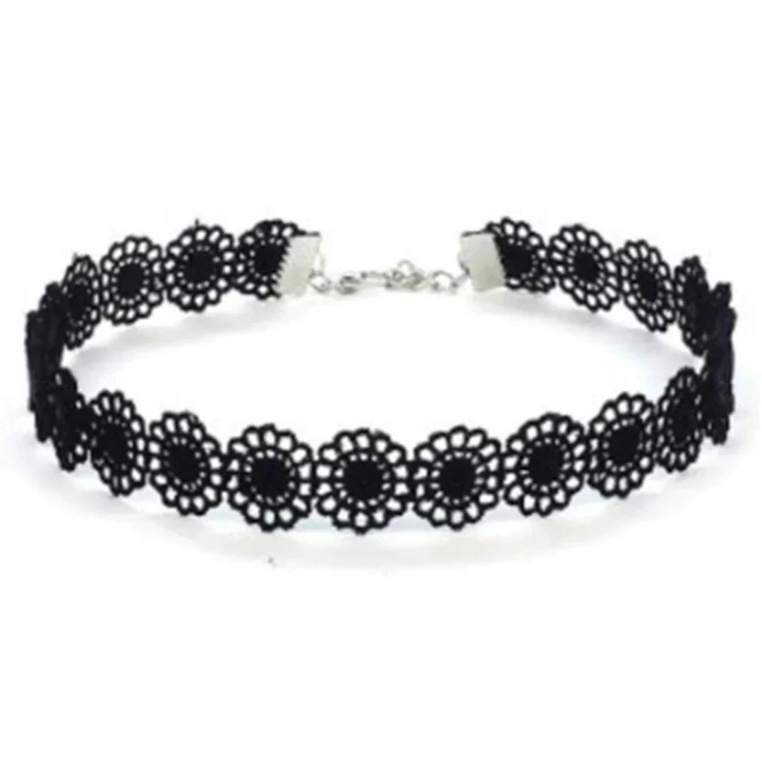 6 Pcs Set Black Simple Fashion Gothic Floral Shape Lace Alloy Choker Necklace Women Party Outfit Jewelry