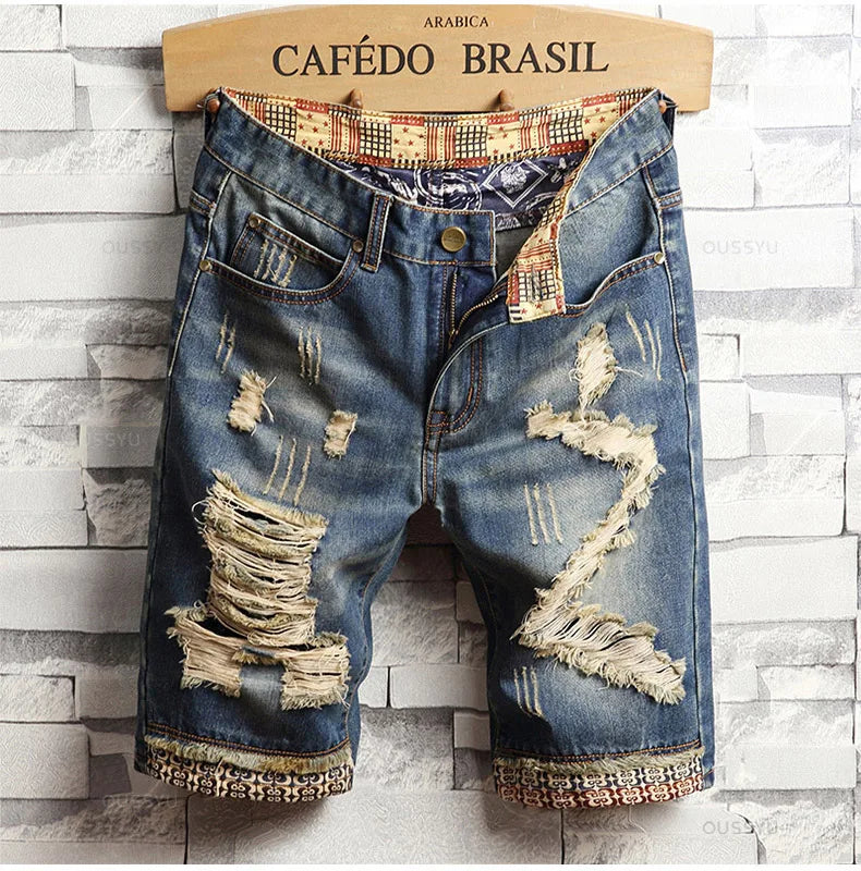 Brand Clothing New Summer Ripped Hole Denim Shorts Men Cotton Thin Straight Retro Biker Knee Length Short, Male Streetwear