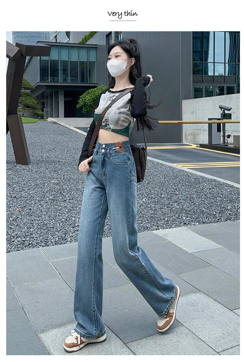 OUSSYU Woman Jeans High Waist Straight Wide Leg Cotton  Clothing Blue Streetwear Vintage Fashion Harajuku Women Trousers