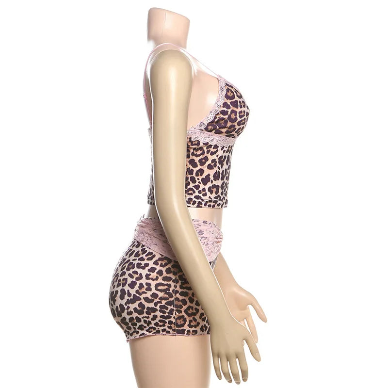 HLJ&GG Fashion Leopard Lace Stitching Two Piece Sets Women V Neck Spaghetti Strap Slim Crop Top + Shorts Outfits Sexy Streetwear