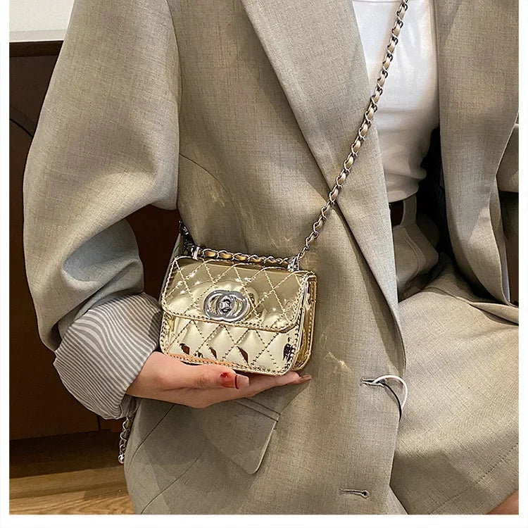 2025 New Arrival Eye - Catching Laser - Patent Mini Crossbody with Gleaming Glossy Chain Strap, Convenient Lipstick Holder