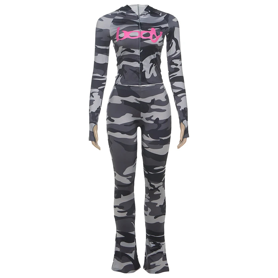 Weird Puss Letter Leopard Print 2 Piece Set Women Casual Zip Hooded Crop Jacke+Leggings Matching Stretch Sporty Street Outfits