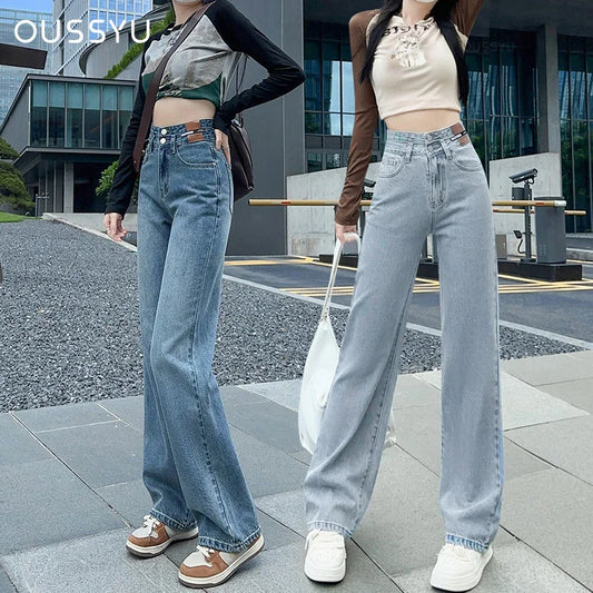 OUSSYU Woman Jeans High Waist Straight Wide Leg Cotton  Clothing Blue Streetwear Vintage Fashion Harajuku Women Trousers