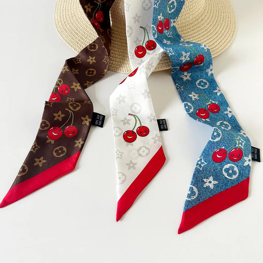 Vintage New Silk Scarf Hair Strap Women's Cherry Printed Mulberry Silk Scarf Long Strip Silk Scarf Float Accessories Scarf