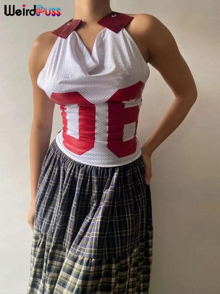 Weird Puss Mesh Halter Crop Tops Woman Summer Bandage Backless Patchwork Number Print Swing Collar Party Streetwear Skinny Vest