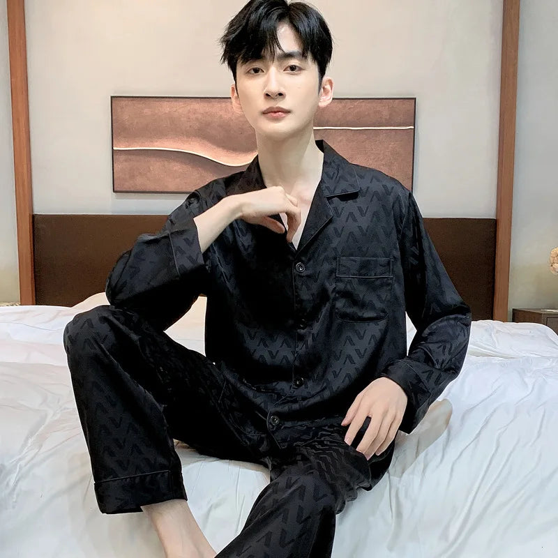 High Quality Jacquard Pajamas Suit Men Summer Ice Silk Shorts Sleepwear Set Thin Satin Large-size Loungewear Male Night Clothing