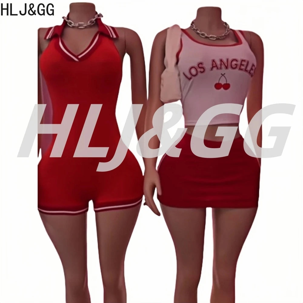 HLJ&GG Red Stripe Knitting Y2K Fashion Streetwear Women O Neck Sleeveless Slim Crop Top And Shorts Two Piece Sets Outfits 2025