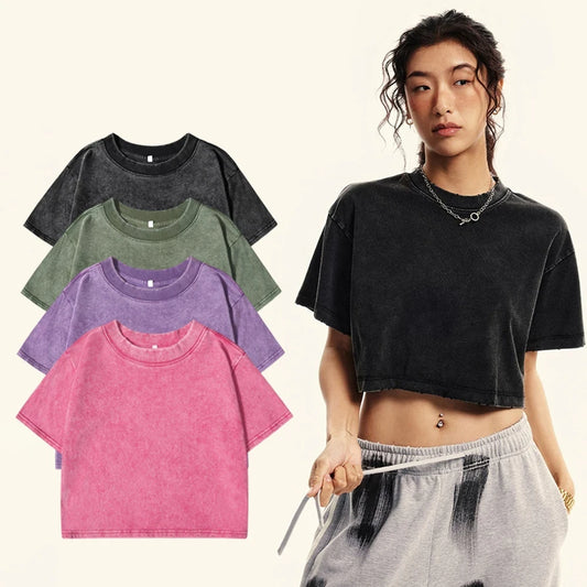 Slim Retro T-Shirt Solid Color Women Fashion Cotton Tee Tops Casual Sport Short Sleeve Cool Washed Streetwear For Female