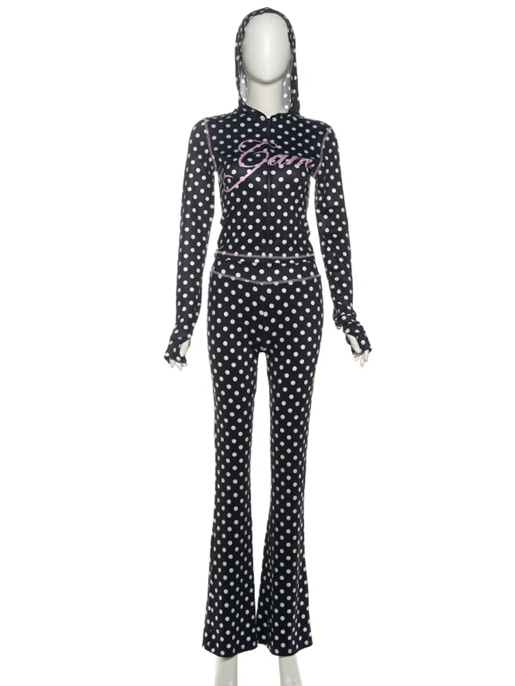 Weird Puss Polka Dot Letter Print 2 Piece Set Woman Tracksuit Trend Sexy Hooded Jacket+Pants Skinny Stretch Matching Streetwear