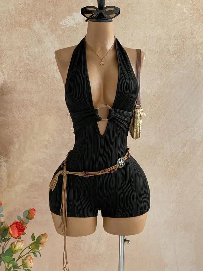 Women's Textured Knitted Bodysuit Orange Striped Circular Decoration Hanging Neck V Neck Jumpsuit Summer Holiday Crochet Romper