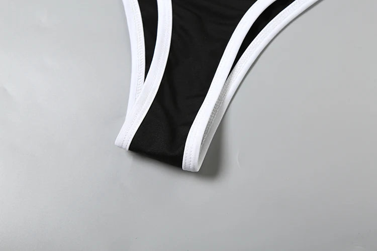 Weird Puss Patchwork 2 Piece Set Women Swimsuit Beach White Border Halter Bra Tops+Panties Basic Skinny Clubwear Vacation Suits