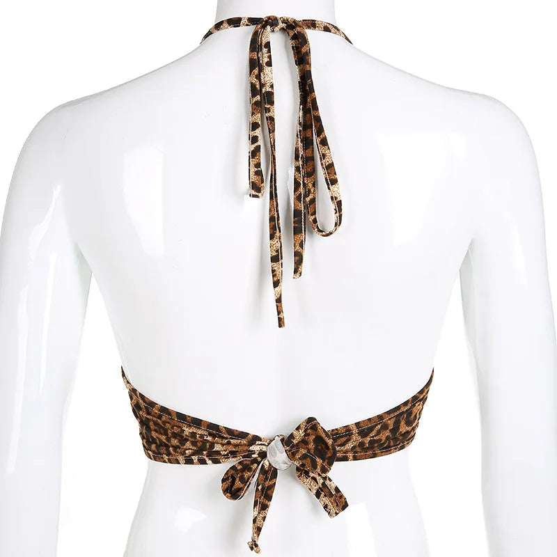 Leopard Print Halter Crop Top for Women Backless Bandage Lace-Up Sequin Metal Ring Detail Party Club Bustier 2025 Style