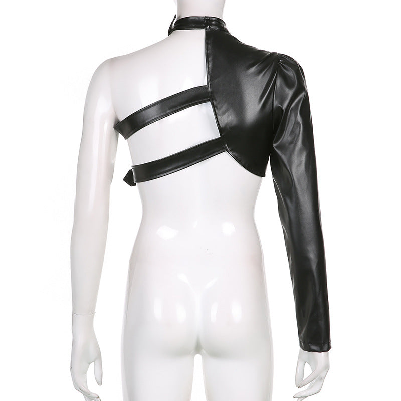 Women PU Leather Jackets Fashion Punk Gothic E Girl Y2K Crop Tops Single Long Sleeve Neck Hanger Buckle Belt Coat Outerwear
