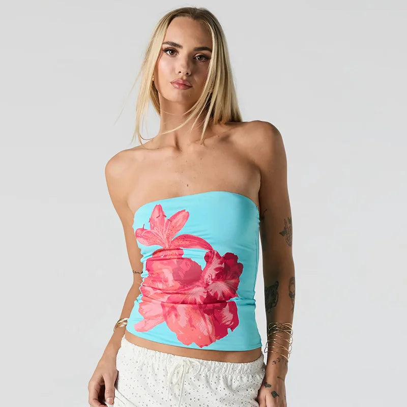 Nsauye 2025 Fashion Women Summer Y2K Clothes Skinny Floral Print Mini Tube Tank Tops Sleeveless Sexy Club High Street Crop Tops