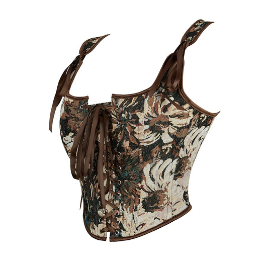 Tapestry Floral Corset Top Summer Vintage Embroidery Tie Shoulder Slim Fit Crop Tank Tops Cottagecore Fairycore Outfit