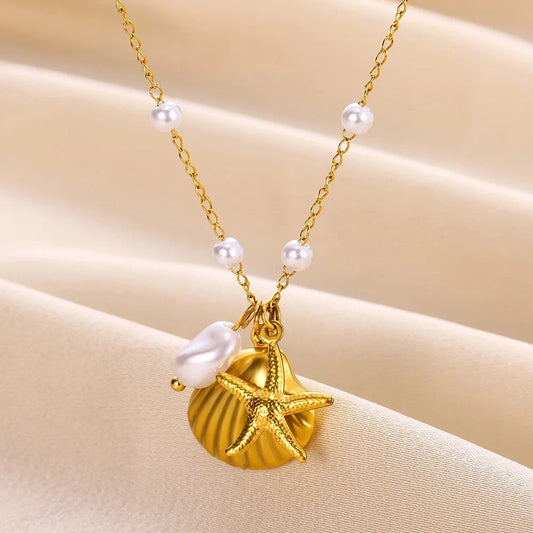Vintage Starfish Shell Pearl Necklace For Women Gold Color Stainless Steel Pendant Shell Necklace Aesthetic  Summer Jewelry Gift