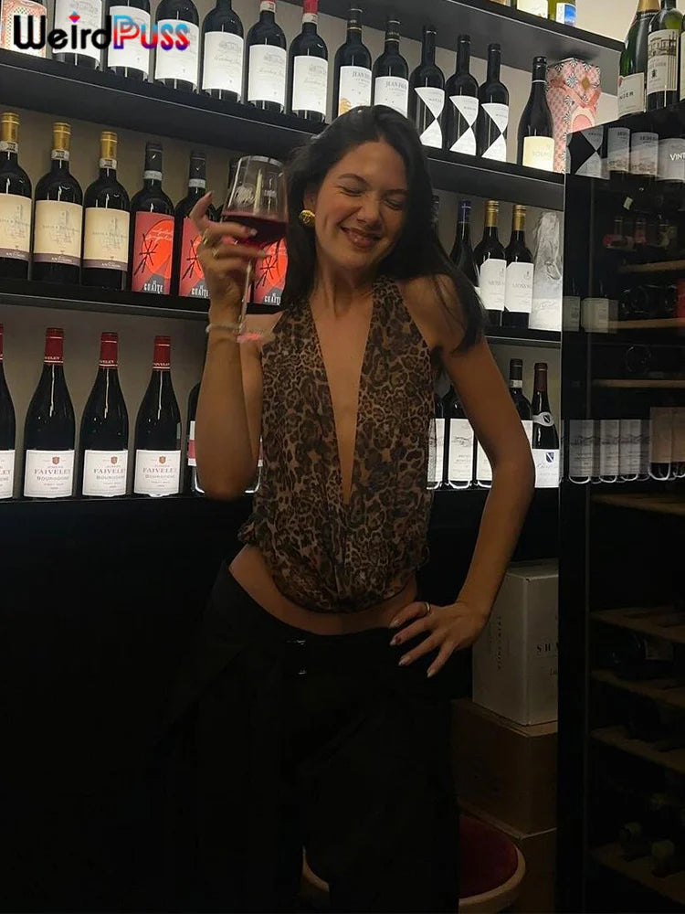 Weird Puss Halter Backless Tank Tops Women Sexy Hipster Swing Collar Leopard Print Summer Trend Hot Chick Wild Streetwear Vest