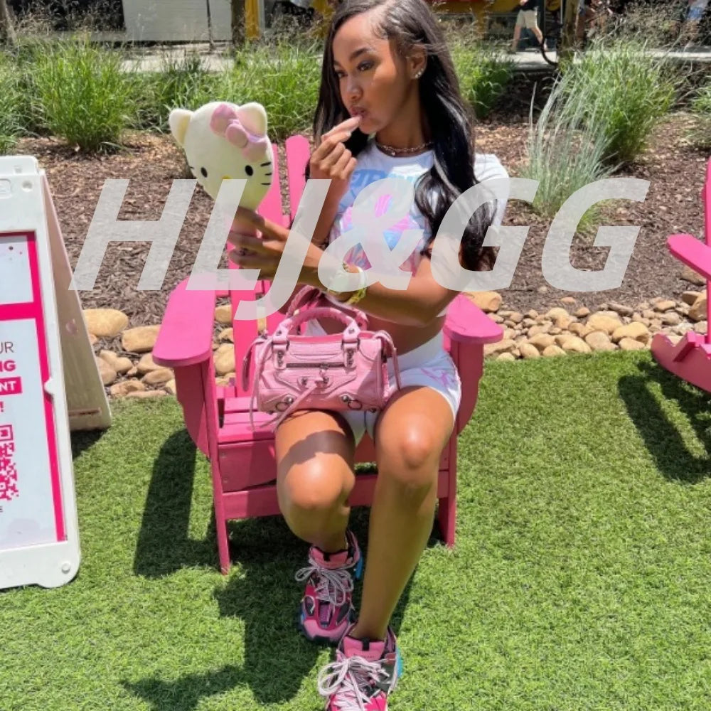 HLJ&GG White Summer Trend Y2K Letter Print Two Piece Sets Women Round Neck Short Sleeve Slim Crop Top And Skinny Shorts Outfits